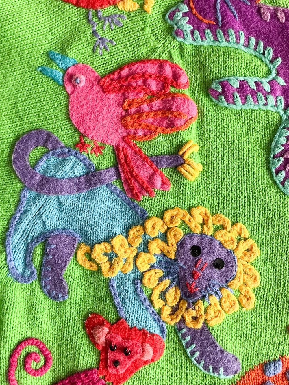 Vtg Michael Simon Animal Cardigan Sweater Bright Green Jungle Safari Knit Sz Med - Picture 5 of 15